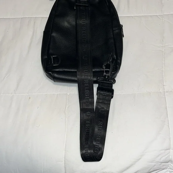 True Religion small black leather backpack with branded canvas strap EUC - Picture 6 of 8
